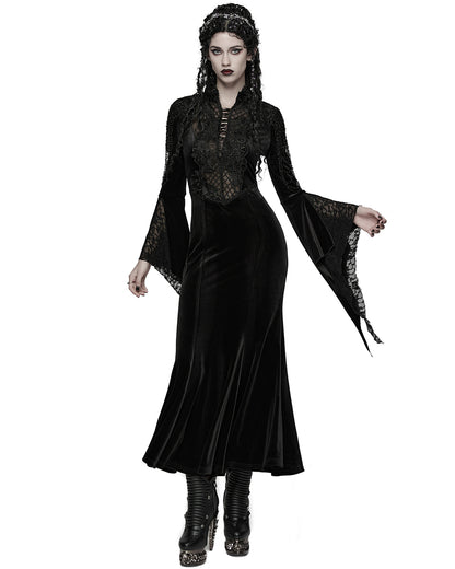 WQ-898LQF Womens Long Gothic Velvet & Lace Beaded & Embroidered Maxi Dress