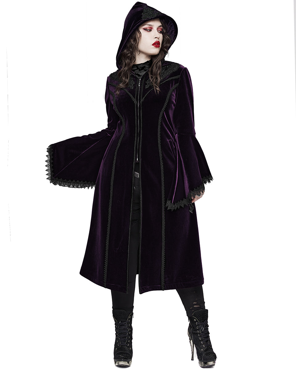 PR-DY-1510LCF-BKVIF Womens Gorgeous Gothic Lace Applique Hooded Coat - Extended Size Range - Purple Velvet