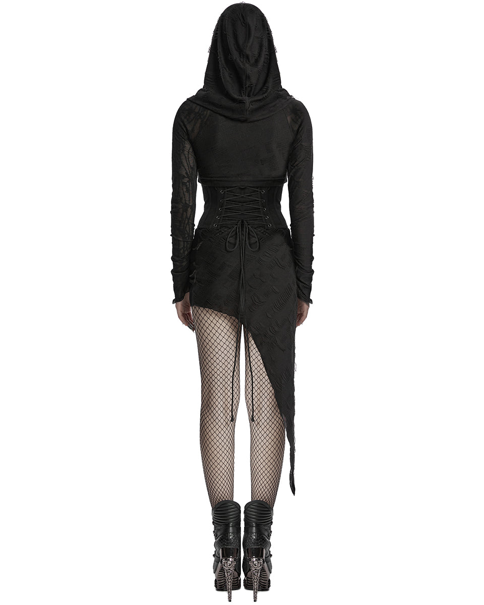 OQ-803LQF Daily Life Apocalyptic Gothic Asymmetric Broken Knit Hooded Dress