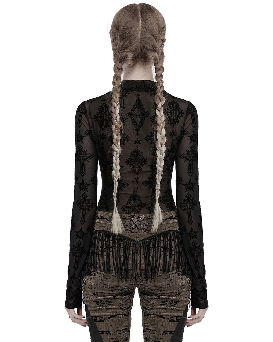 OT-990DQF-BKF Womens Gothic Flocked Mesh Crucifix Top