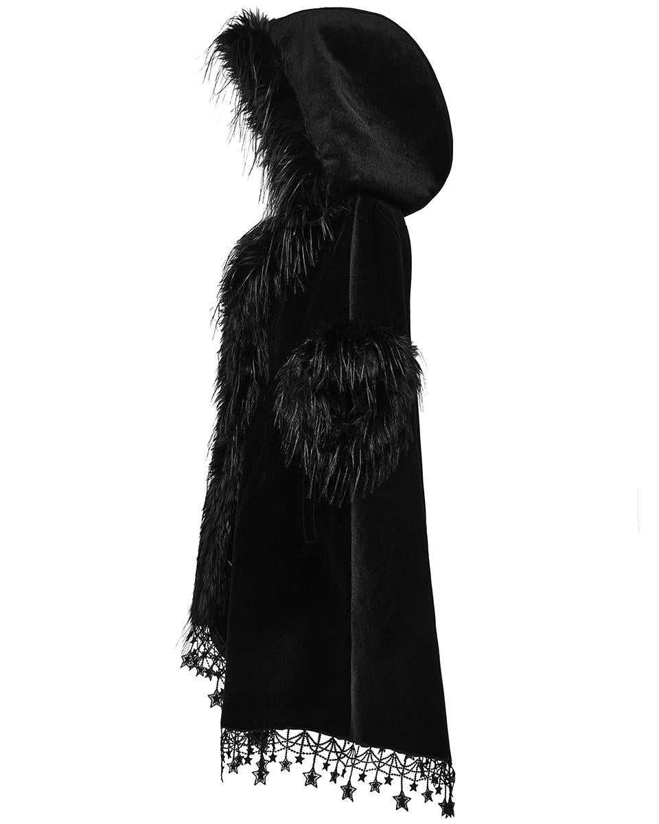 PR-WY-1519DPF-BKF Womens Dark Bohemian Gothic & Faux Fur Hooded Cloak Cape