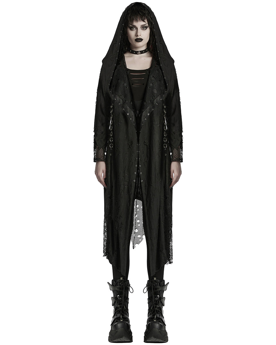 WY-1713XCF Womens Apocalyptic Gothic Broken Knit Hooded Piercing Cloak Jacket