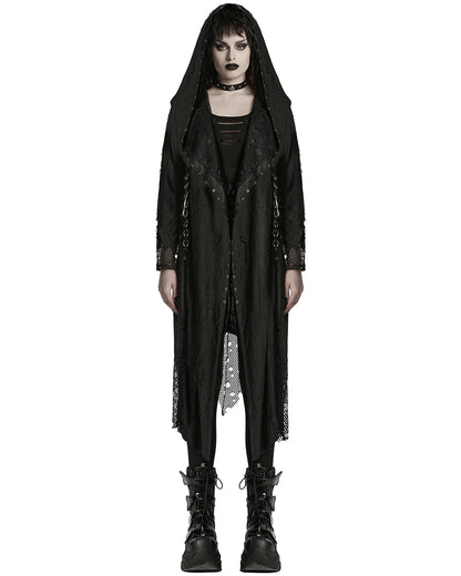 WY-1713XCF Womens Apocalyptic Gothic Broken Knit Hooded Piercing Cloak Jacket