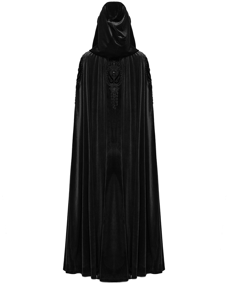 WY-1824DPF Womens Long Gothic Velvet & Lace Applique Hooded Cloak - Black