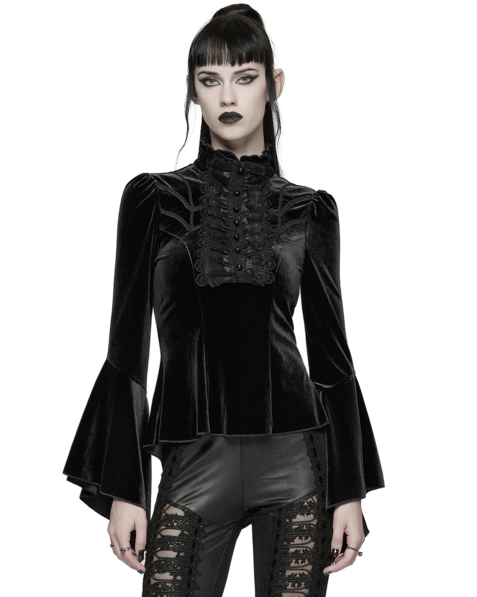 WT-1021TCF Womens Elegant Gothic Velvet & Pleated Lace Blouse Top