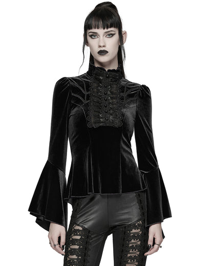 WT-1021TCF Womens Elegant Gothic Velvet & Pleated Lace Blouse Top