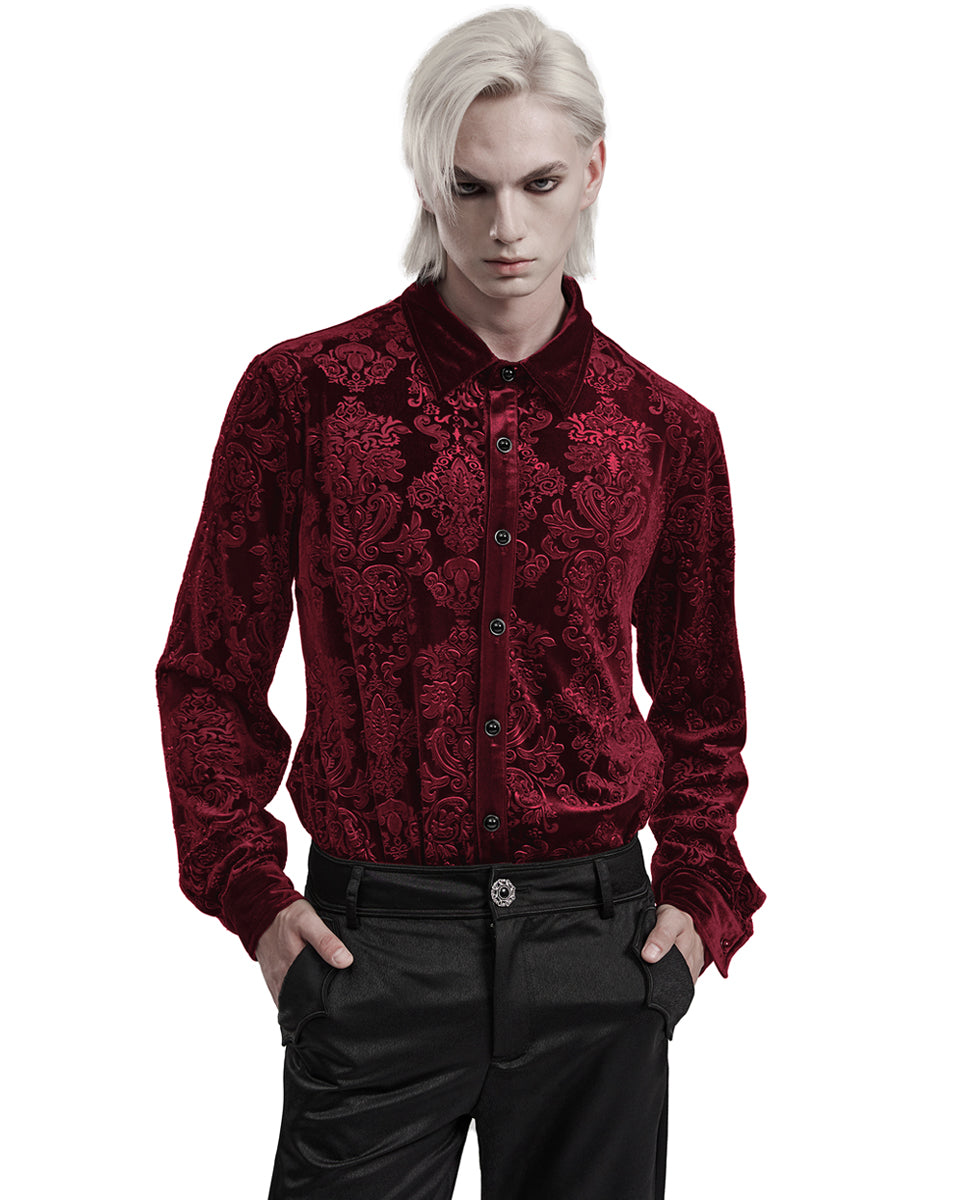 PR-WY-1541CCM-RDM Mens Gothic Aristocrat Embossed Velvet Damask Shirt - Red