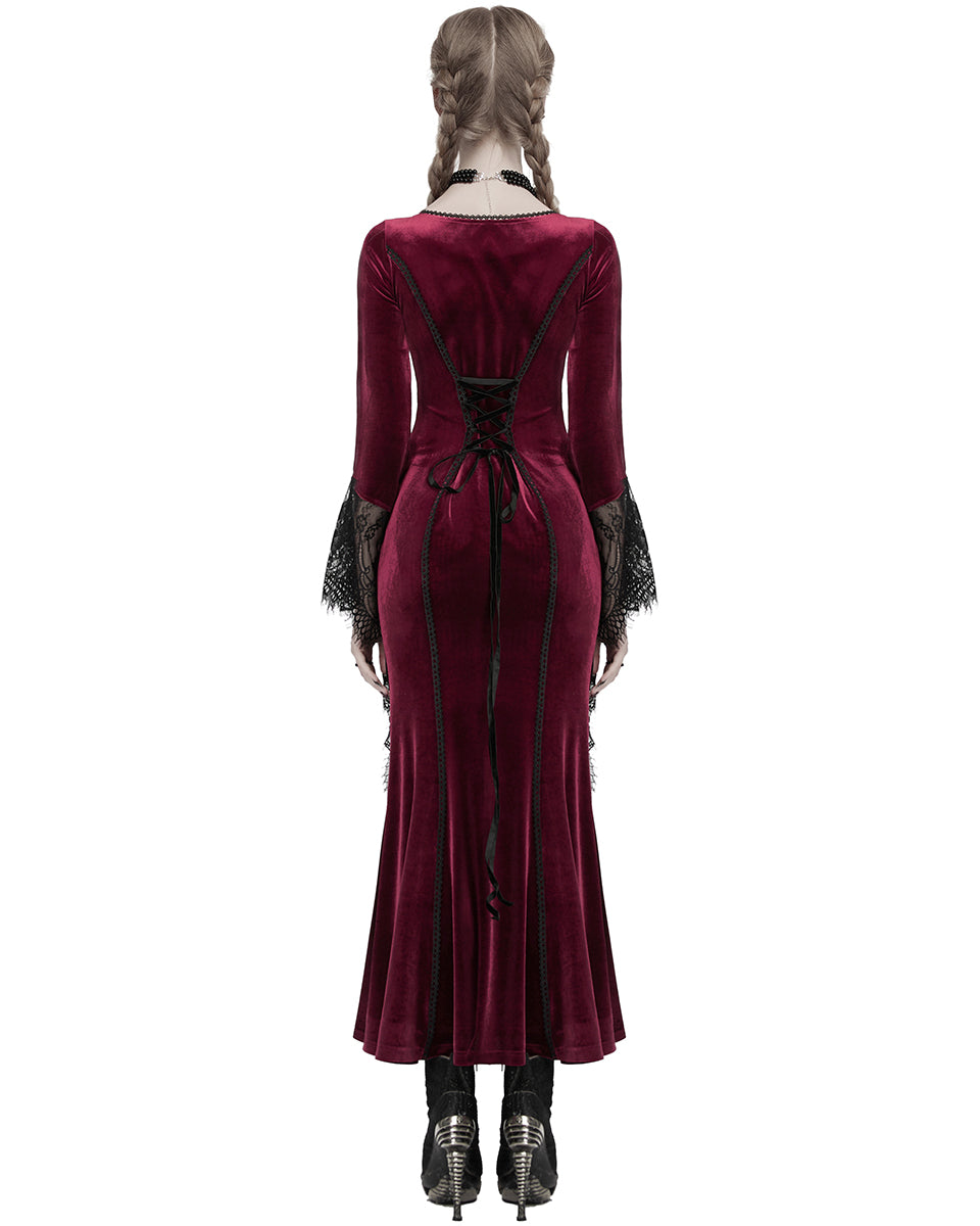 OQ-850LQF Daily Life Womens Long Gothic Velvet Applique Maxi Dress - Red