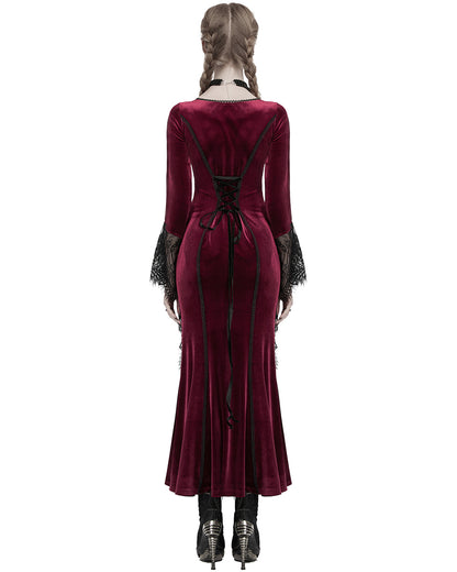 OQ-850LQF Daily Life Womens Long Gothic Velvet Applique Maxi Dress - Red