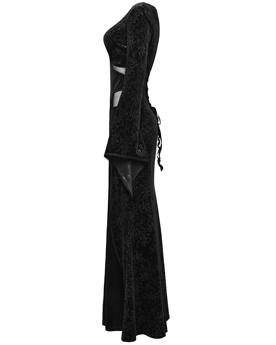 WQ-741LQF Womens Long Baroque Gothic Embossed Velvet Maxi Dress - Black