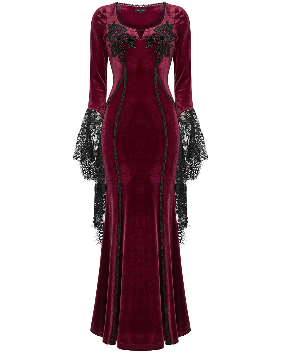 OQ-850LQF Daily Life Womens Long Gothic Velvet Applique Maxi Dress - Red
