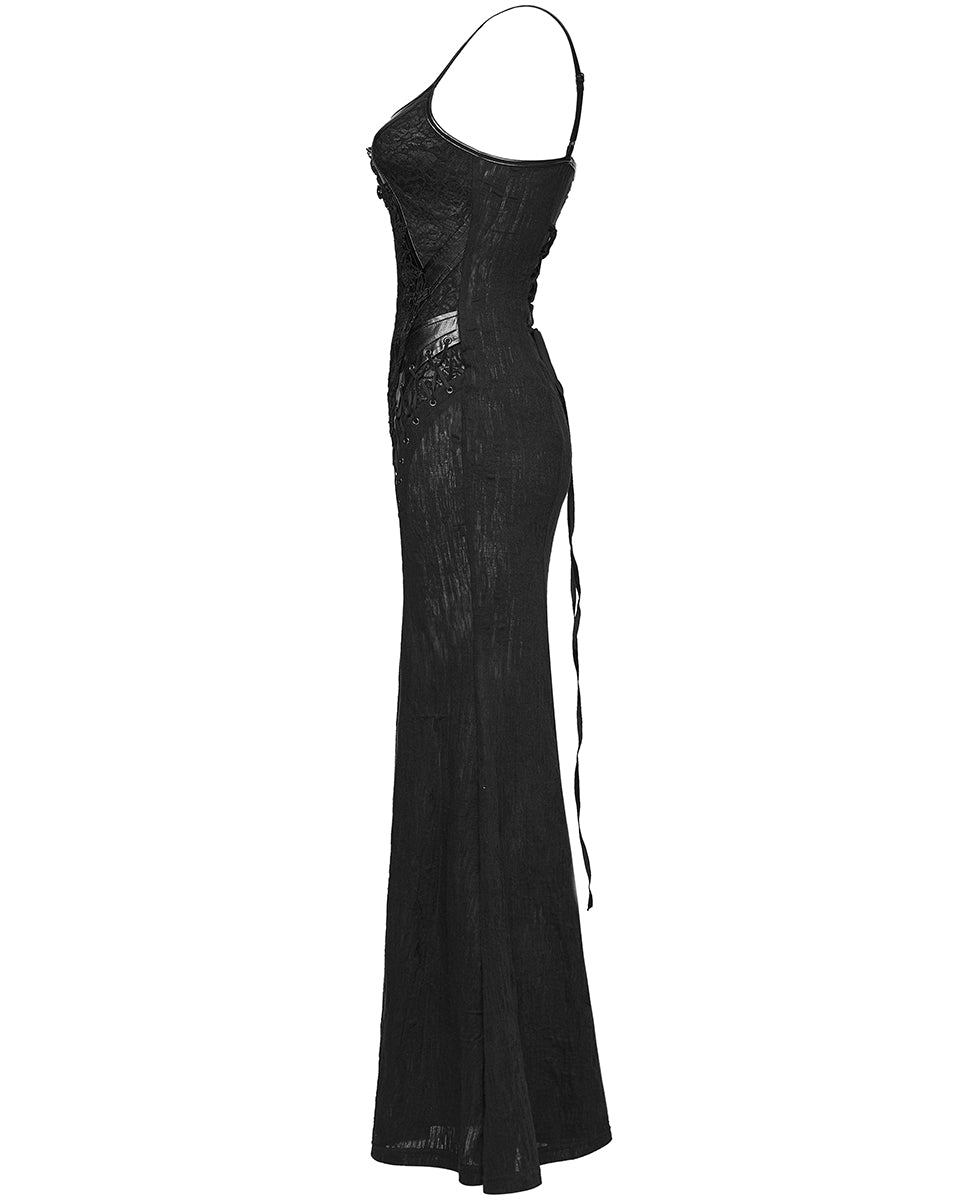 PR-WQ-934LQF-BKF Womens Long Elegant Gothic Lace Inset Applique Maxi Dress