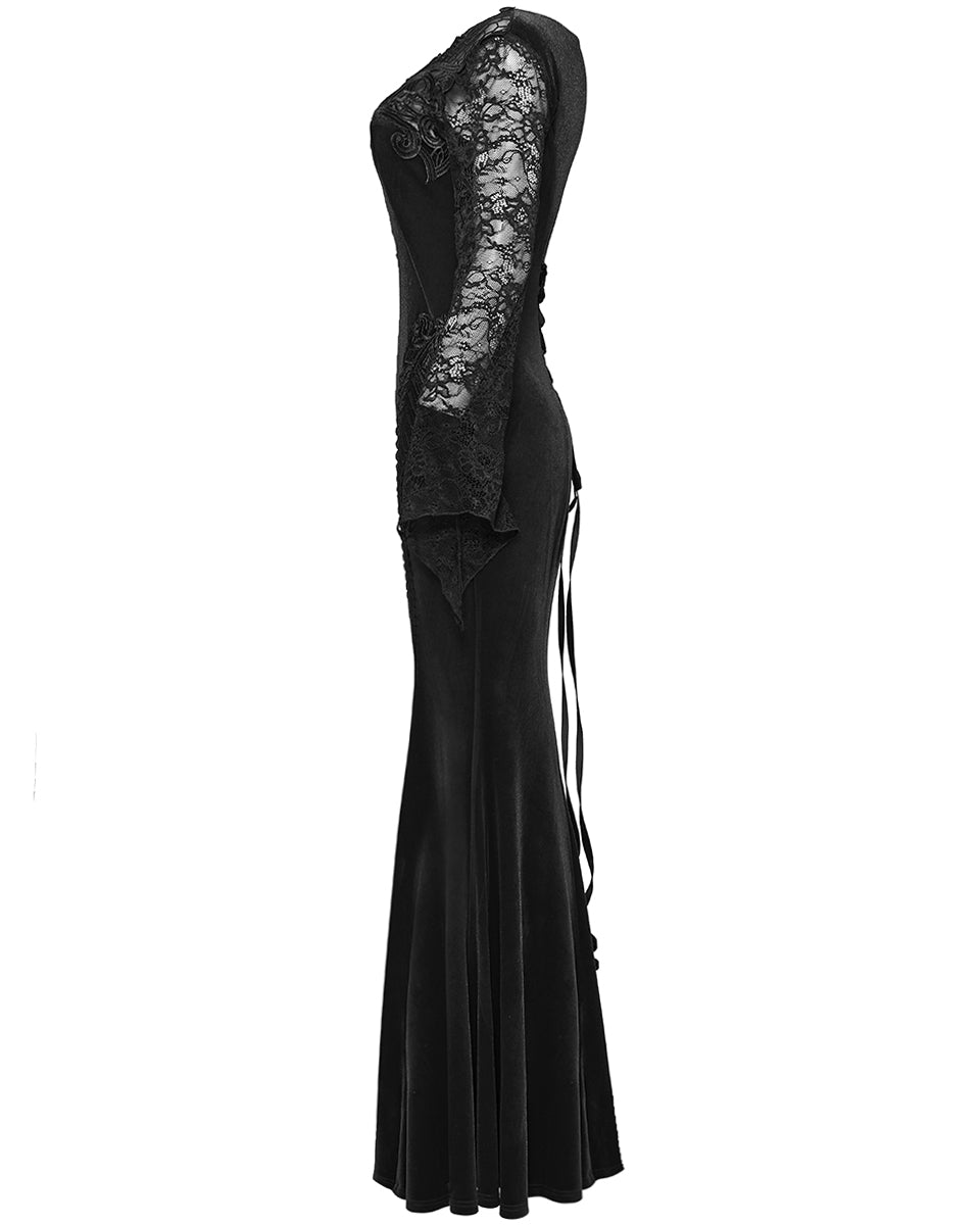 WQ-763LQF Womens Long Gothic Velvet & Lace Applique Maxi Dress - Black