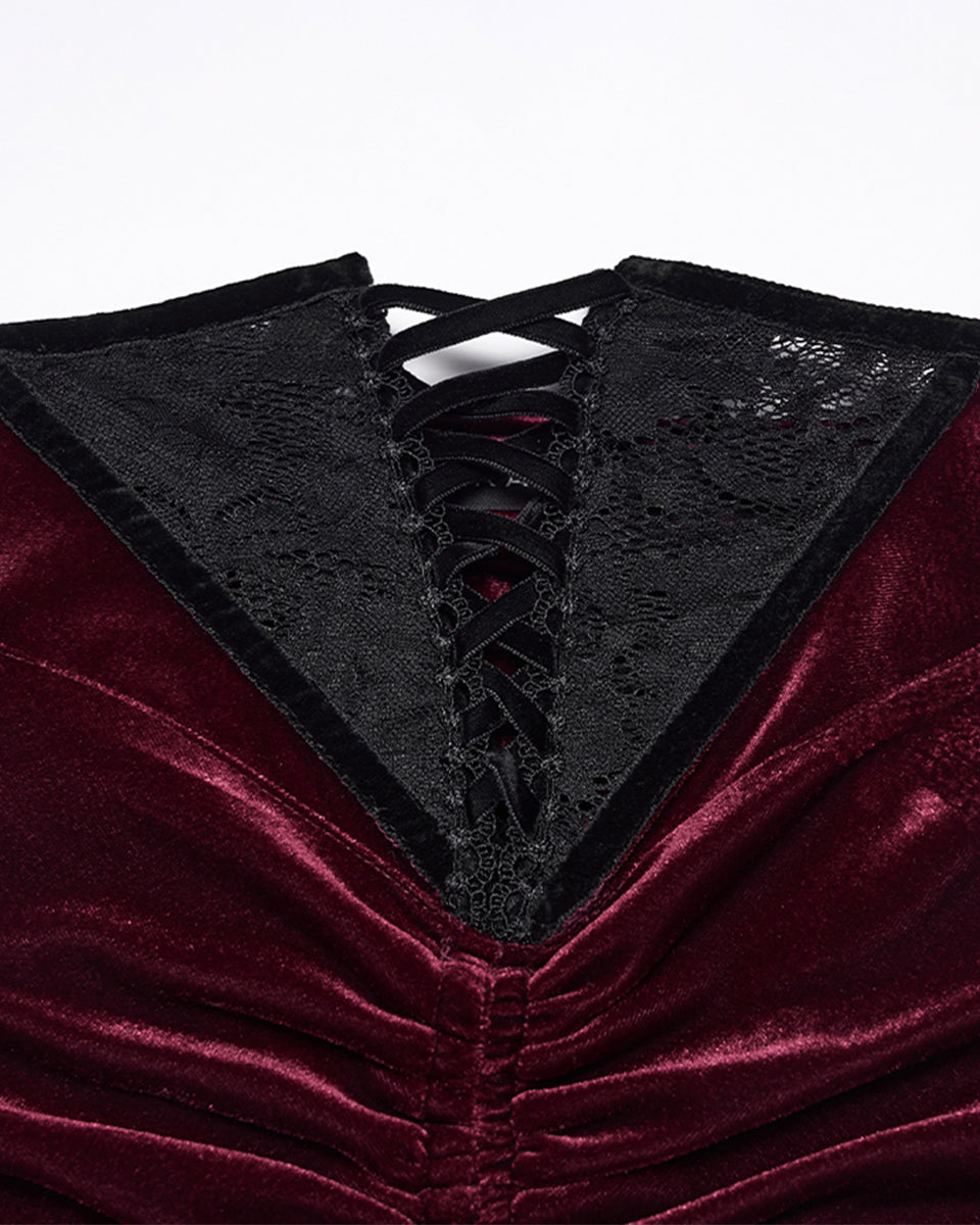 PR-OQ-844BQF-RDF Daily Life Womens Long Gothic Velvet Ruched Split Waist Skirt - Red