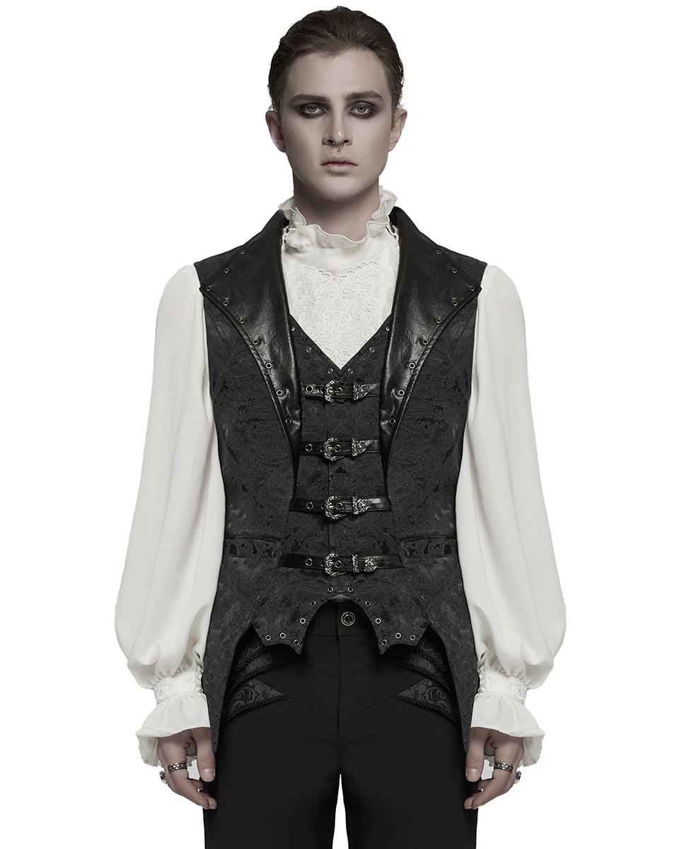 WY-1765MJM-BKM Mens Dark Victorian Gothic Damask Jacquard Waistcoat Vest - Black