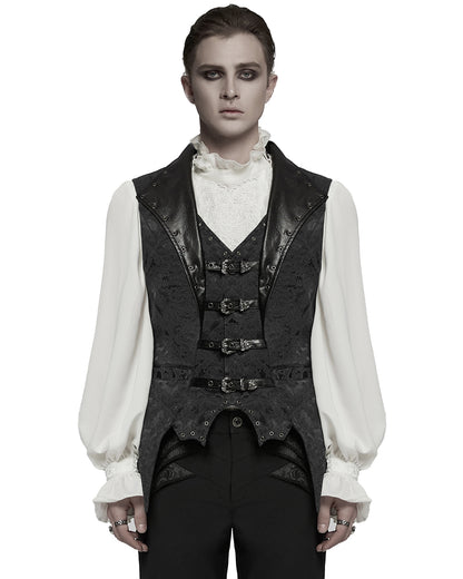 WY-1765MJM-BKM Mens Dark Victorian Gothic Damask Jacquard Waistcoat Vest - Black