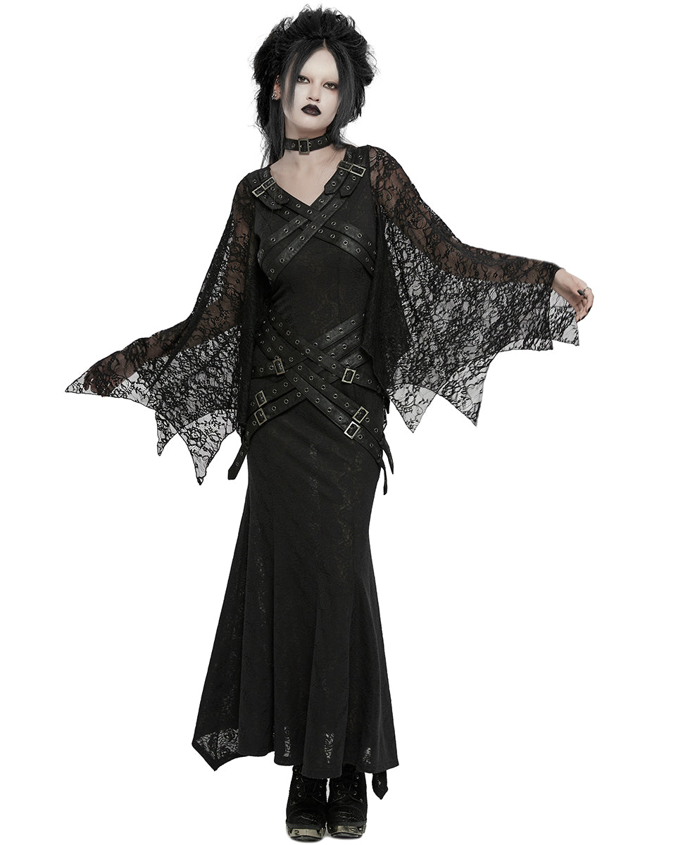 WQ-746LQF Womens Gothic Lace Batwing Caped Maxi Dress