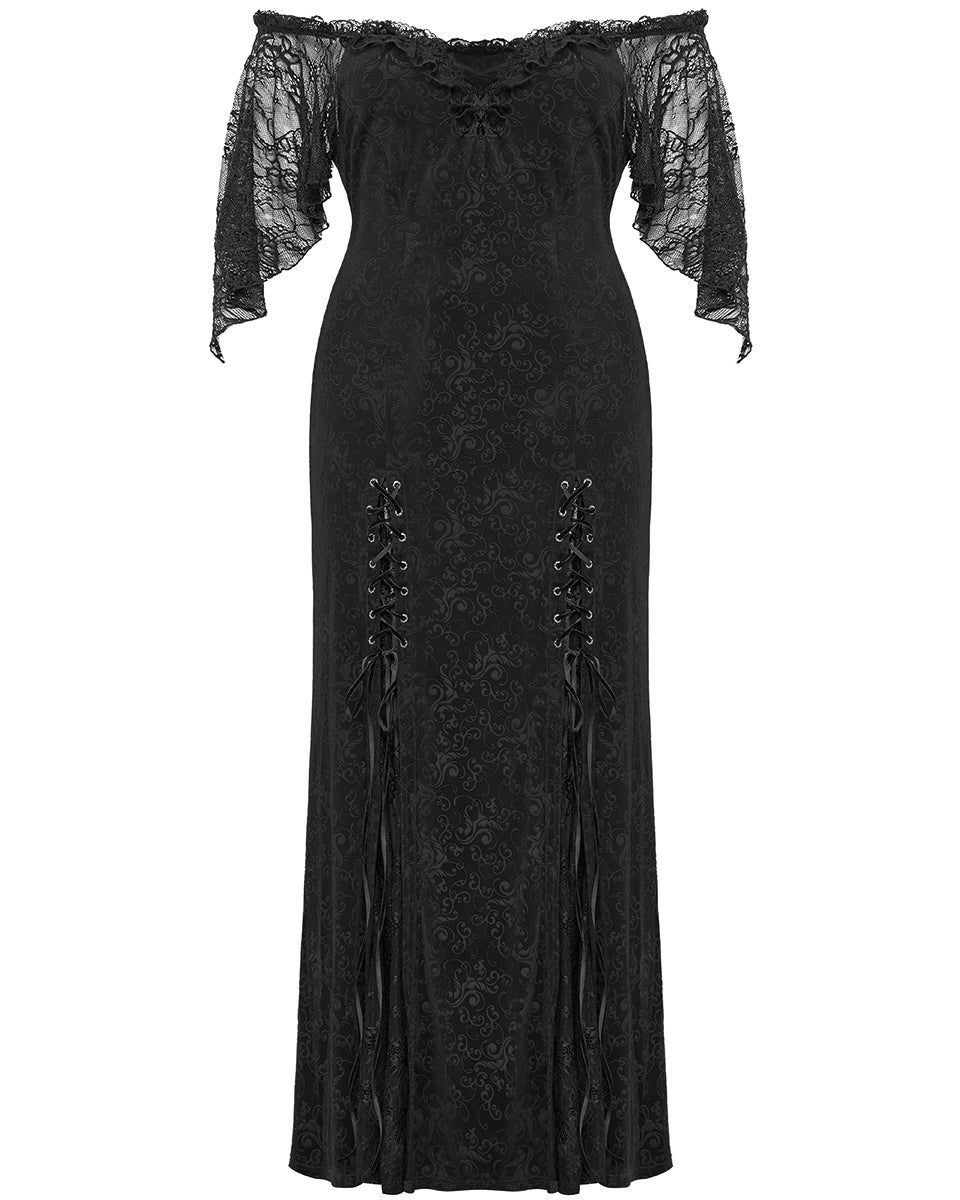 DQ-730LQF Plus Size Womens Gothic Embossed Velvet Off-Shoulder Maxi Dress - Black