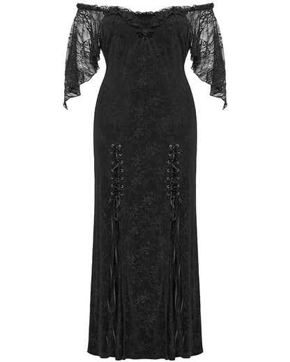 DQ-730LQF Plus Size Womens Gothic Embossed Velvet Off-Shoulder Maxi Dress - Black