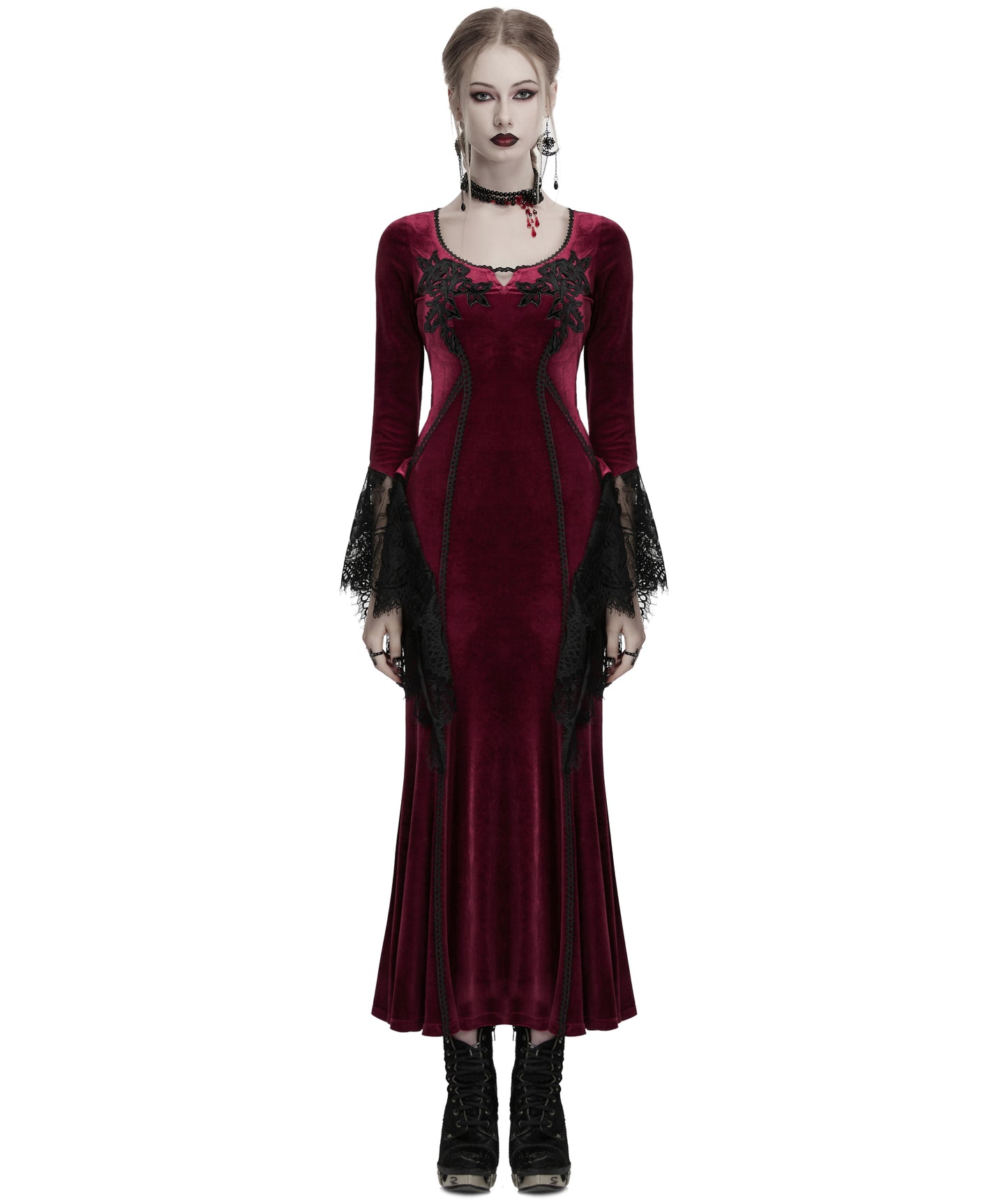 OQ-850LQF Daily Life Womens Long Gothic Velvet Applique Maxi Dress - Red