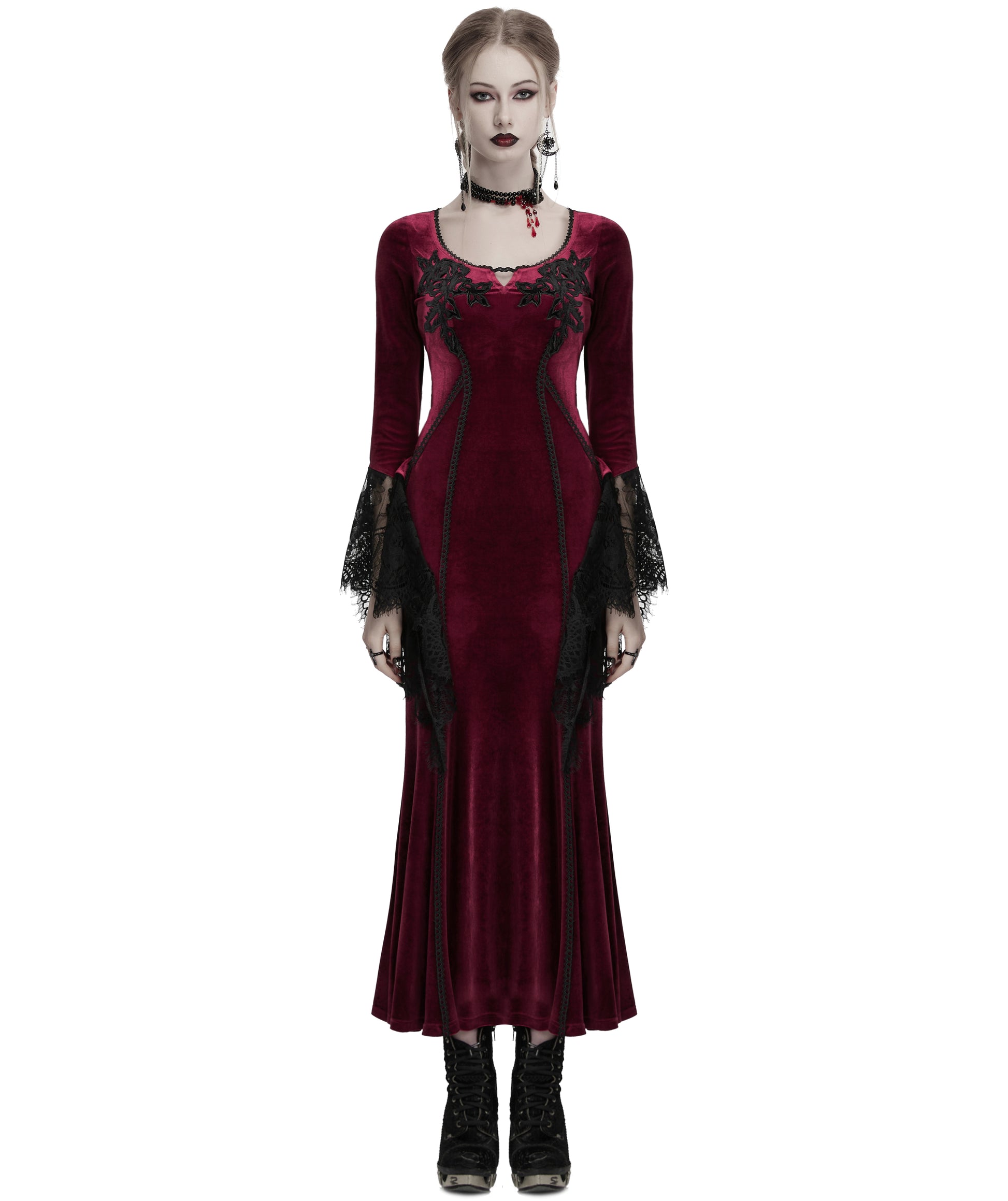 OQ-850LQF Daily Life Womens Long Gothic Velvet Applique Maxi Dress - Red