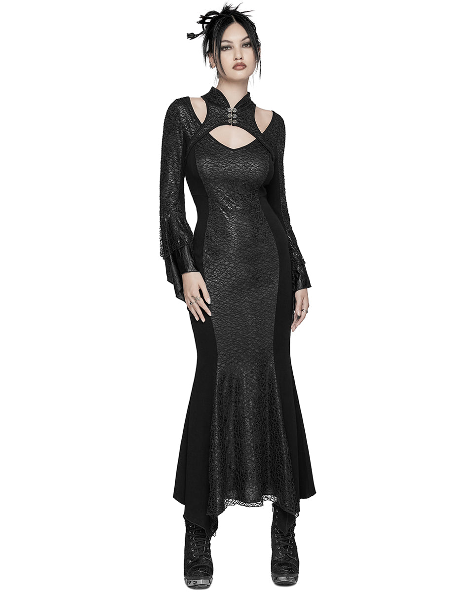 WQ-772LQF Womens Long Gothic Fitted Maxi Dress With Mesh Contrast - Black