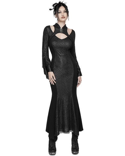 WQ-772LQF Womens Long Gothic Fitted Maxi Dress With Mesh Contrast - Black