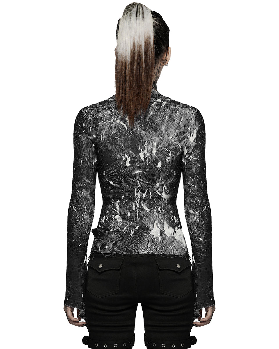PR-T729-BKF Womens Apocalyptic Gothic Crimped Chiffon Top