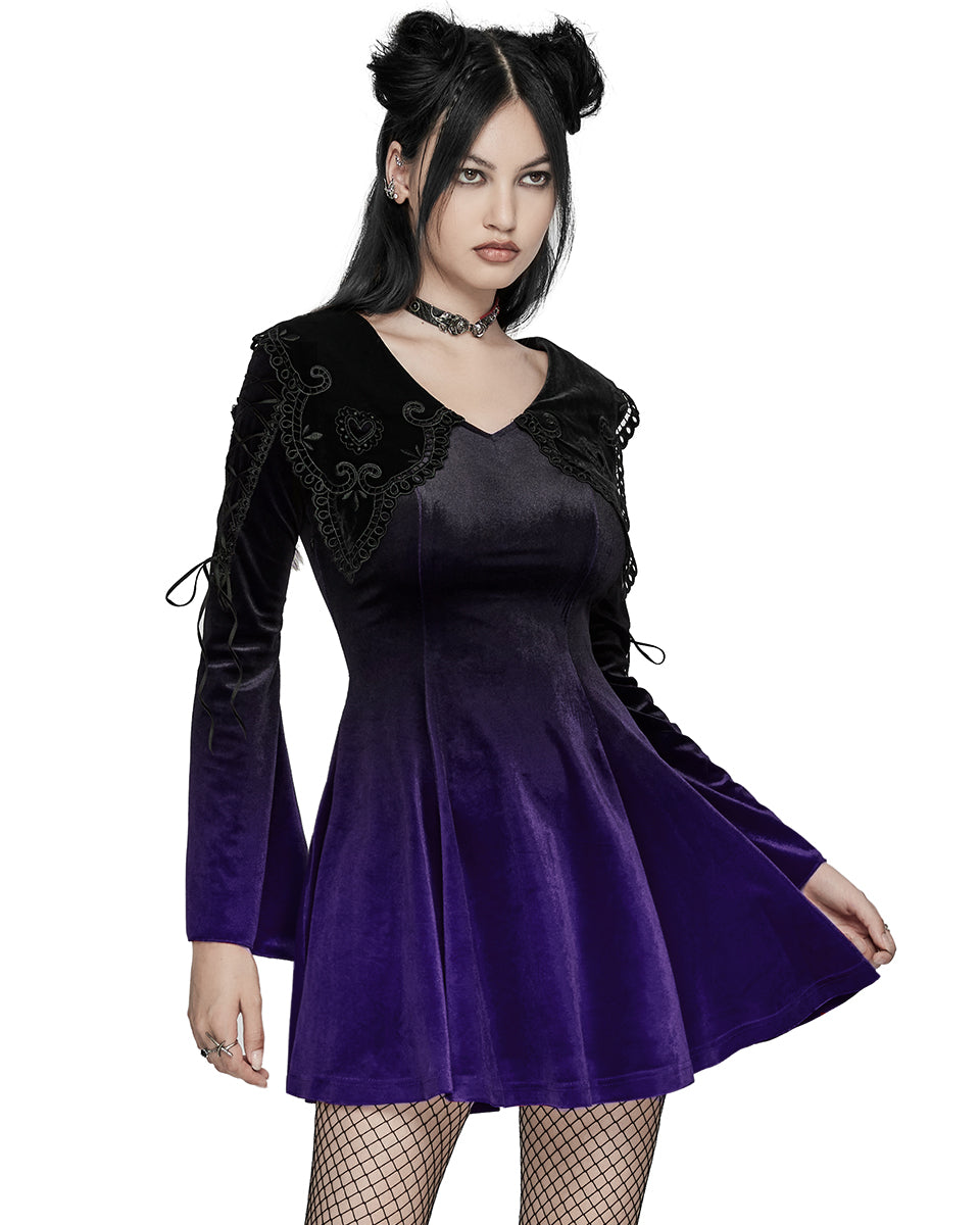 WQ-770LQF Womens Gothic Velvet Mini Dress With Oversize Embellished Collar - Purple & Black Gradient