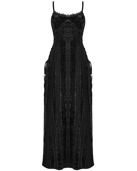 OQ=856LQF Daily Life Womens Long Gothic Crushed Velvet Applique Maxi Dress - Black