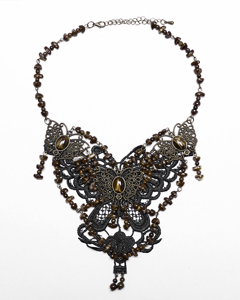 WS-778LHF-COF Womens Steampunk Butterfly Choker Necklace - Black & Brown