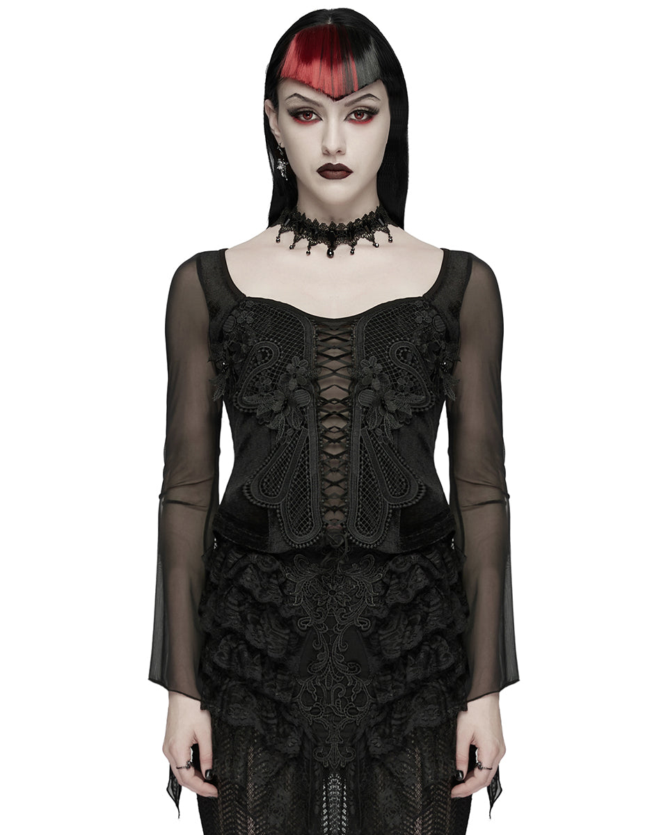 PR-WT-1069TCF-BKF Womens Elegant Gothic Velvet & Mesh Lace Applique Blouse Top