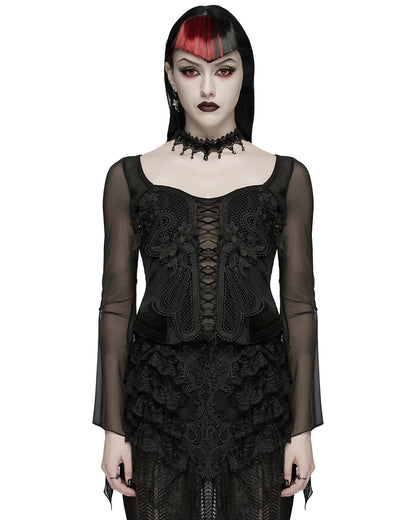 PR-WT-1069TCF-BKF Womens Elegant Gothic Velvet & Mesh Lace Applique Blouse Top