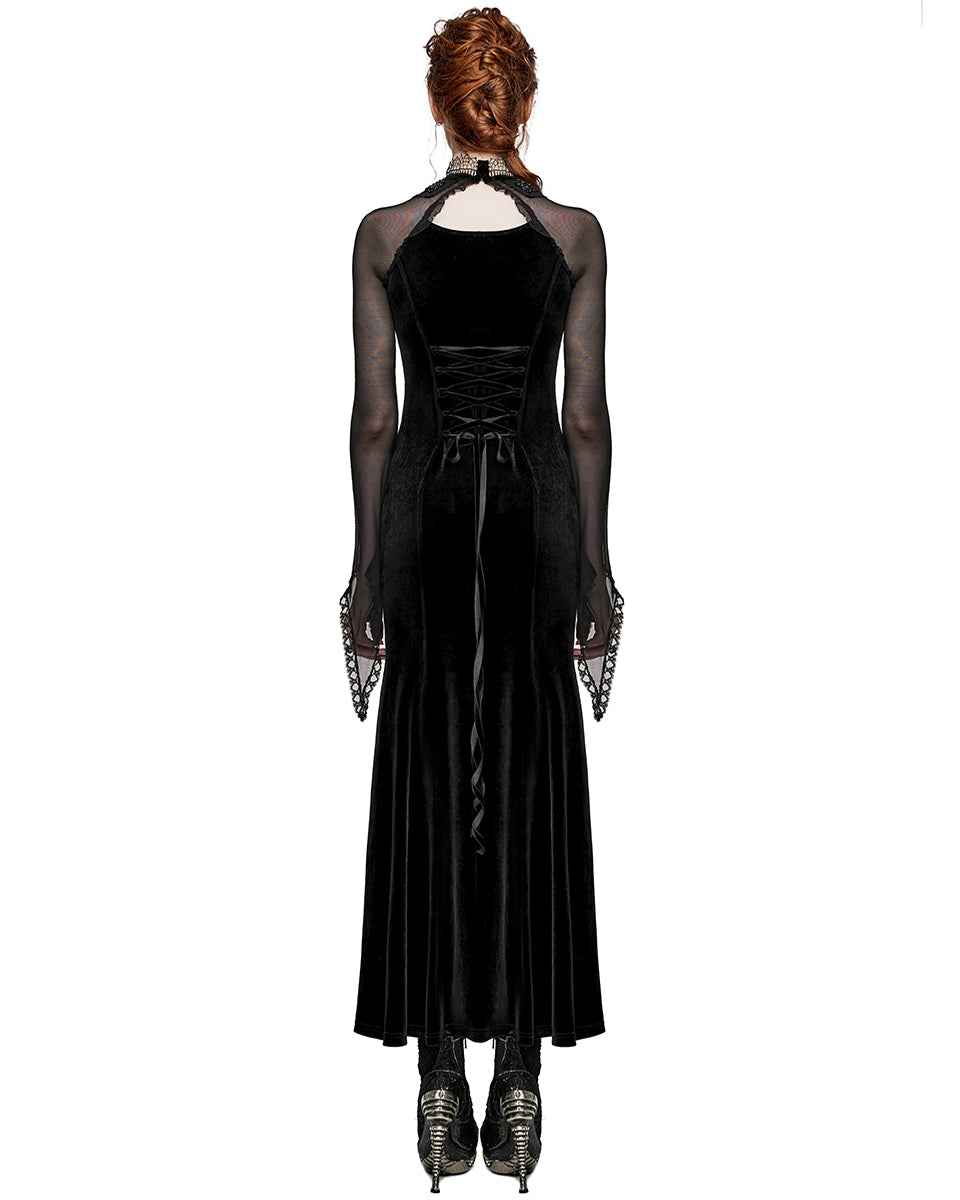 PR-WQ-666LQF-BKF Womens Regency Gothic Velvet & Mesh Beaded Evening Dress