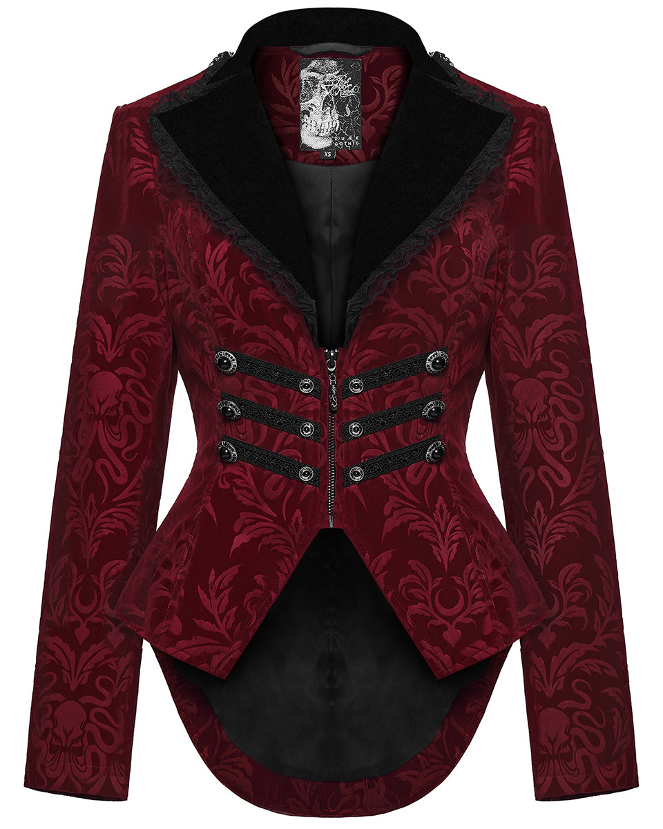 WY-1833LDF Womens Gothic Aristocrat Damask Velvet Frock Coat Jacket - Red