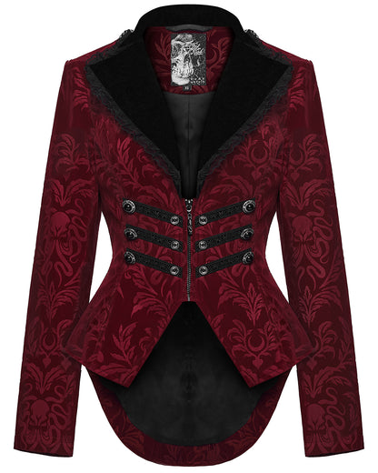WY-1833LDF Womens Gothic Aristocrat Damask Velvet Frock Coat Jacket - Red