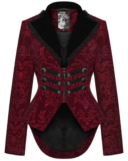 WY-1833LDF Womens Gothic Aristocrat Damask Velvet Frock Coat Jacket - Red