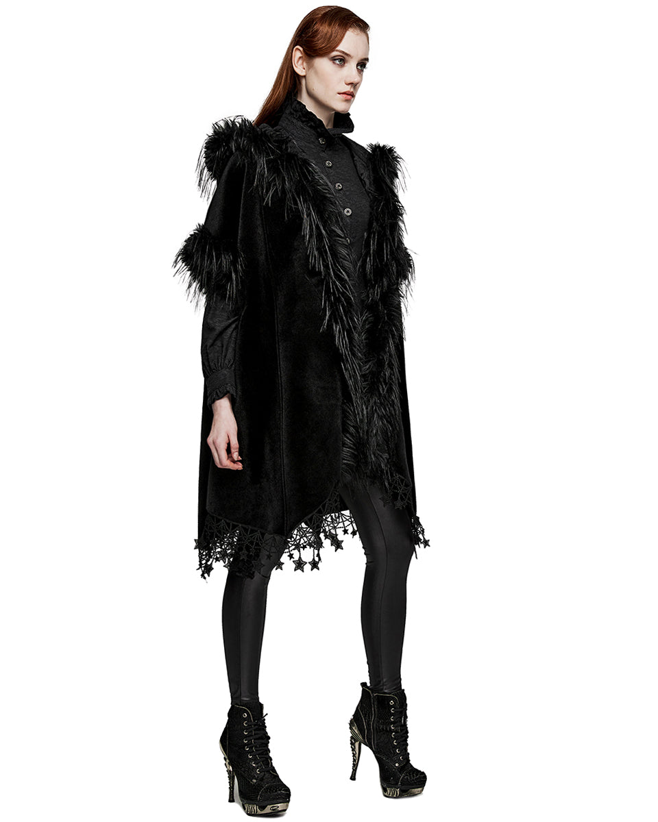 PR-WY-1519DPF-BKF Womens Dark Bohemian Gothic & Faux Fur Hooded Cloak Cape