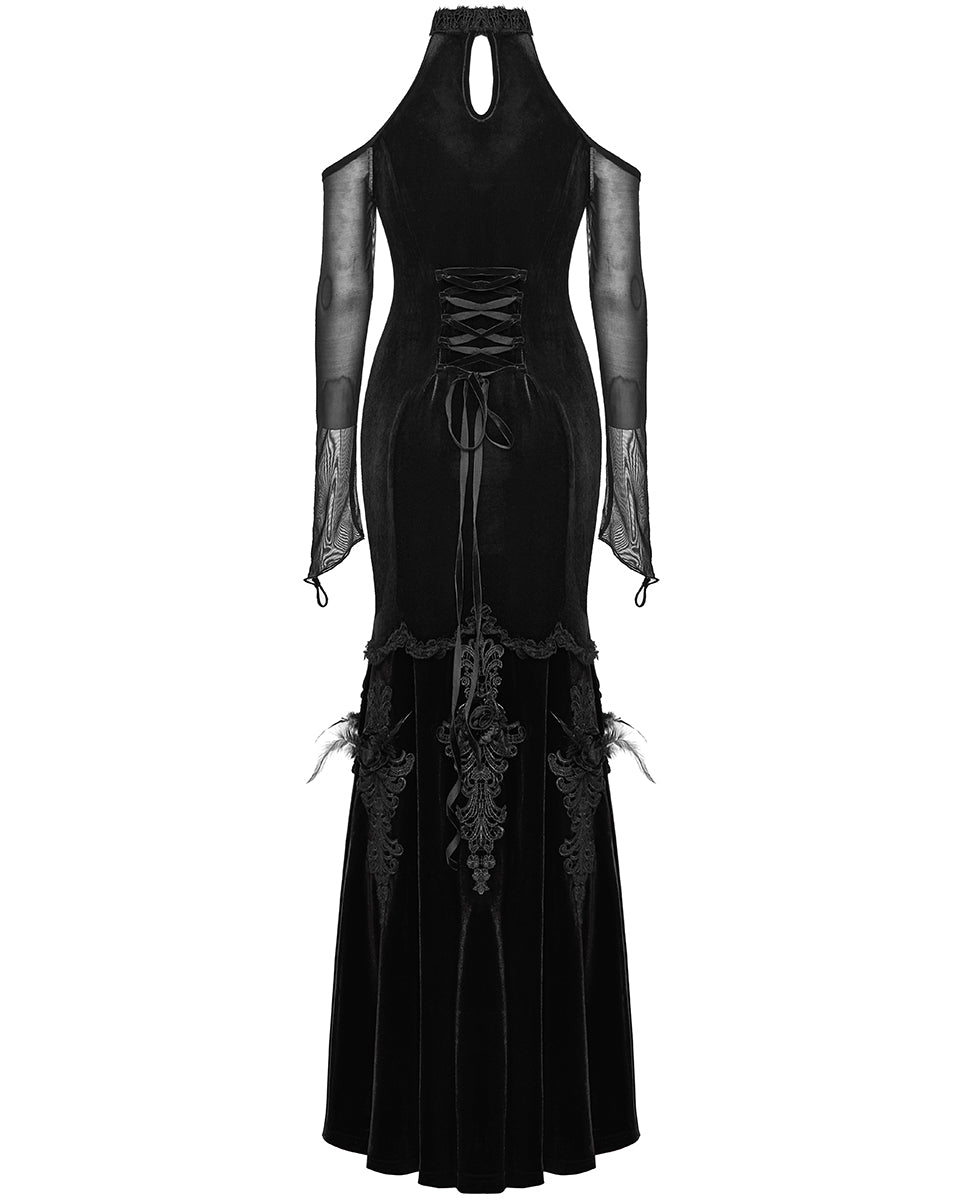 PR-WQ-658DQF-BKF Womens Dark Regency Gothic Velvet & Mesh Evening Dress - Black