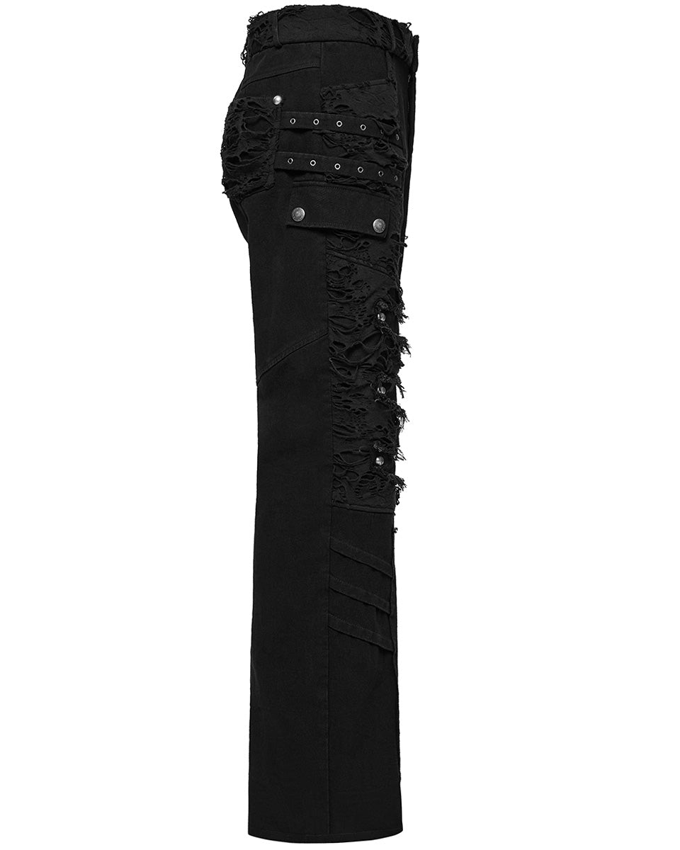 WK-707XCM-BKM Mens Apocalptic Gothic Studded Shredded Mesh Inset Pants