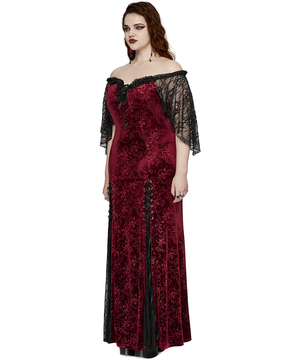 DQ-730LQF Plus Size Womens Gothic Embossed Velvet Off-Shoulder Maxi Dress - Red