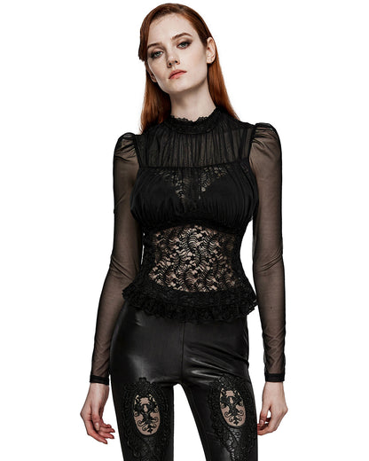 PR-WT-807TCF-BKF Womens Ornate Gothic Lace & Mesh Blouse Top