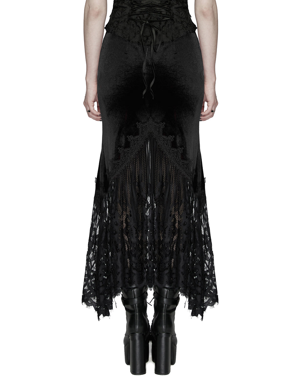 WQ-833BQF Womens Gorgeous Gothic Ruched Velvet & Lace Long Fishtail Skirt