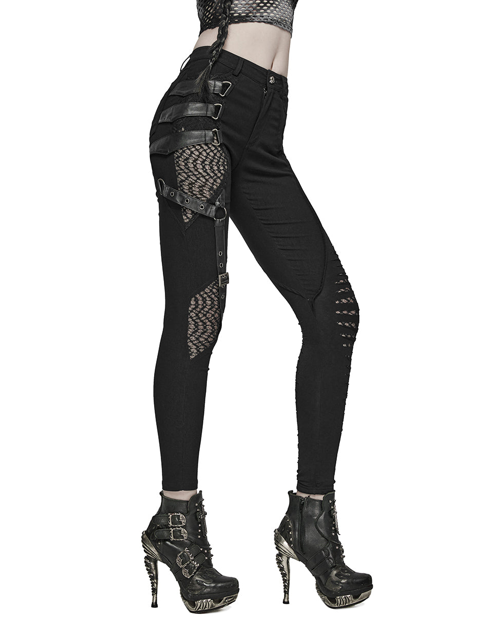 WK-603XCF Womens Gothic Punk Asymmetric Twisted Mesh Skinny Jeans