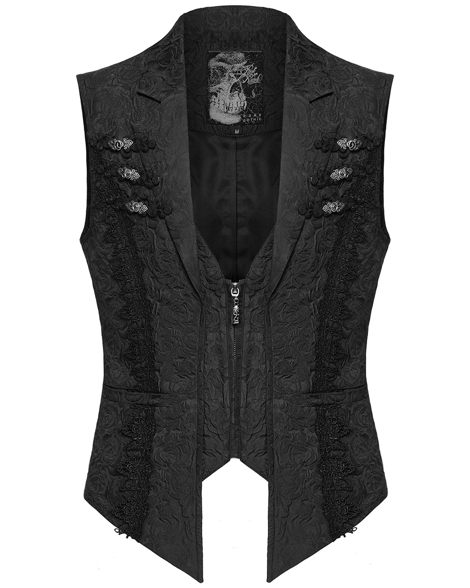 WY-1677MJM-BKM Mens Gothic Jacquard Rose Lace Applique Waistcoat Vest - Black