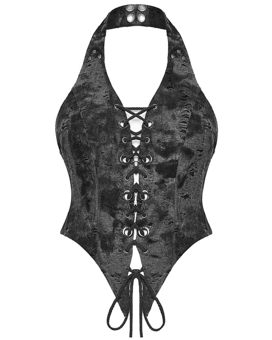 WY-1573MJF Womens Apocalyptic Punk Decayed Lace Up Halter Top - Black & Grey