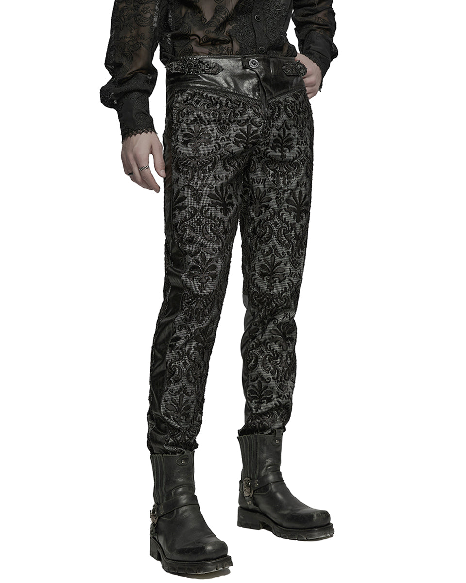 WK-725XCM-BKWHM Mens Gothic Aristocrat Embroidered Damask Houndstooth Dress Pants