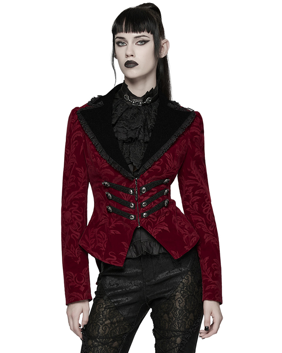 WY-1833LDF Womens Gothic Aristocrat Damask Velvet Frock Coat Jacket - Red