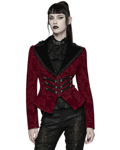 WY-1833LDF Womens Gothic Aristocrat Damask Velvet Frock Coat Jacket - Red