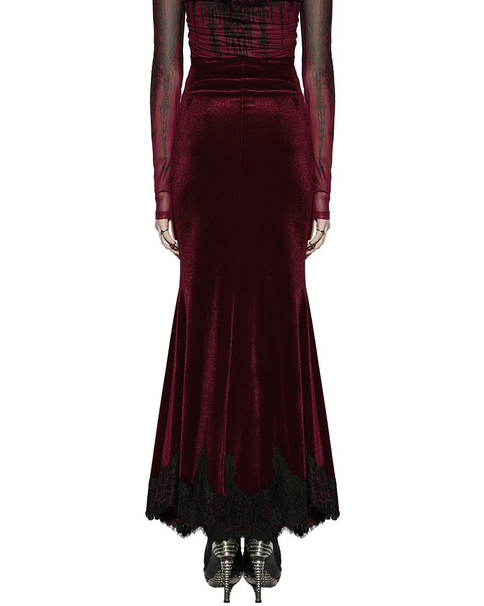 PR-OQ-844BQF-RDF Daily Life Womens Long Gothic Velvet Ruched Split Waist Skirt - Red